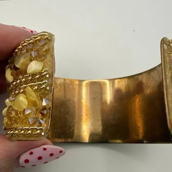 Vintage Gold‑Tone Beaded Bangle • Cream Resin & Amber Rhinestones • 2.75” Diam - Picture 7 of 9
